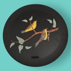 Mid 20th Century Black Birds on a Branch Couroc of Monterey Round Tray